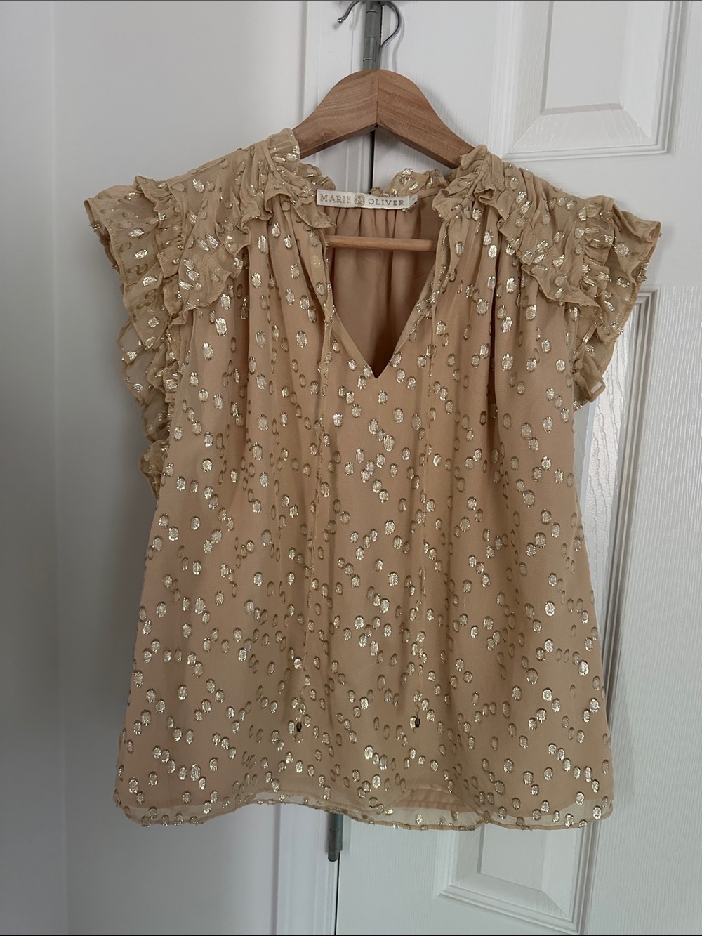 Marie Oliver Beige Sleeveless Blouse with Gold Foil Dots